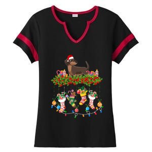 Xmas Light Santa Hat With Xmas Socks Dachshund Dog Lovers Gift Ladies Halftime Notch Neck Tee