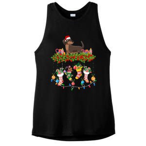 Xmas Light Santa Hat With Xmas Socks Dachshund Dog Lovers Gift Ladies PosiCharge Tri-Blend Wicking Tank