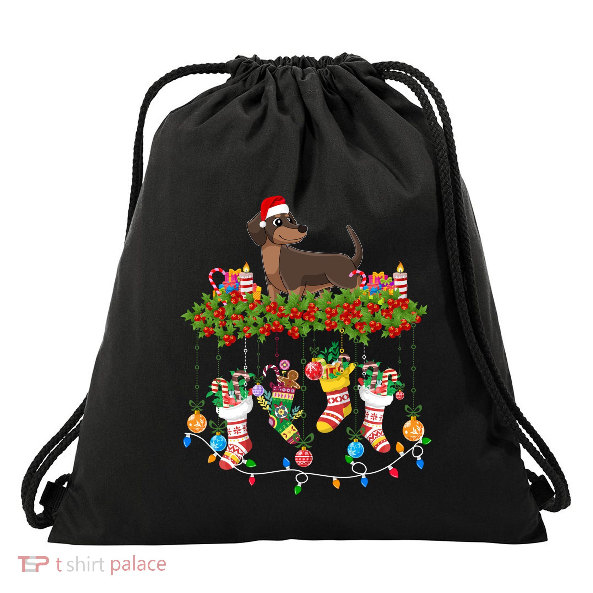 Xmas Light Santa Hat With Xmas Socks Dachshund Dog Lovers Gift Drawstring Bag