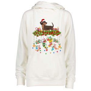 Xmas Light Santa Hat With Xmas Socks Dachshund Dog Lovers Gift Womens Funnel Neck Pullover Hood