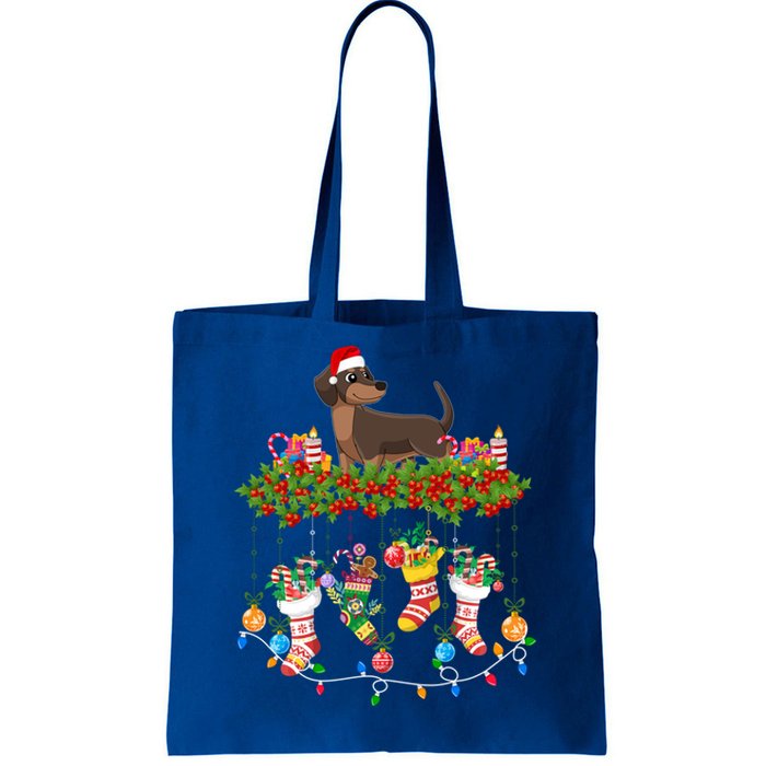 Xmas Light Santa Hat With Xmas Socks Dachshund Dog Lovers Gift Tote Bag