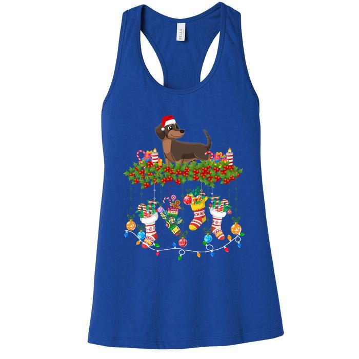 Xmas Light Santa Hat With Xmas Socks Dachshund Dog Lovers Gift Women's Racerback Tank