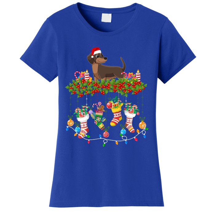 Xmas Light Santa Hat With Xmas Socks Dachshund Dog Lovers Gift Women's T-Shirt