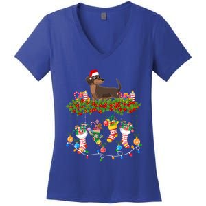 Xmas Light Santa Hat With Xmas Socks Dachshund Dog Lovers Gift Women's V-Neck T-Shirt