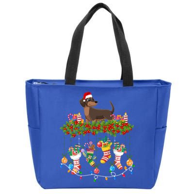 Xmas Light Santa Hat With Xmas Socks Dachshund Dog Lovers Gift Zip Tote Bag