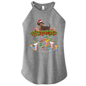 Xmas Light Santa Hat With Xmas Socks Dachshund Dog Lovers Gift Women's Perfect Tri Rocker Tank