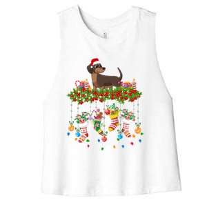 Xmas Light Santa Hat With Xmas Socks Dachshund Dog Lovers Gift Women's Racerback Cropped Tank