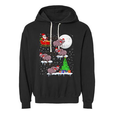 Xmas Lights Santa Riding Moo Deng Hippo Christmas Costume Garment-Dyed Fleece Hoodie