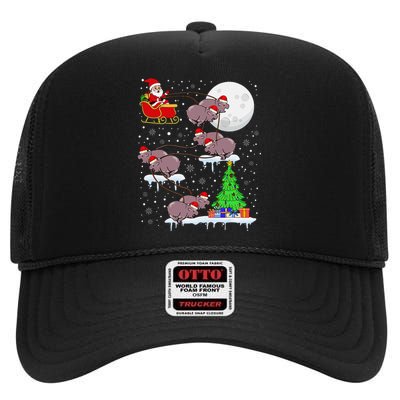 Xmas Lights Santa Riding Moo Deng Hippo Christmas Costume High Crown Mesh Back Trucker Hat