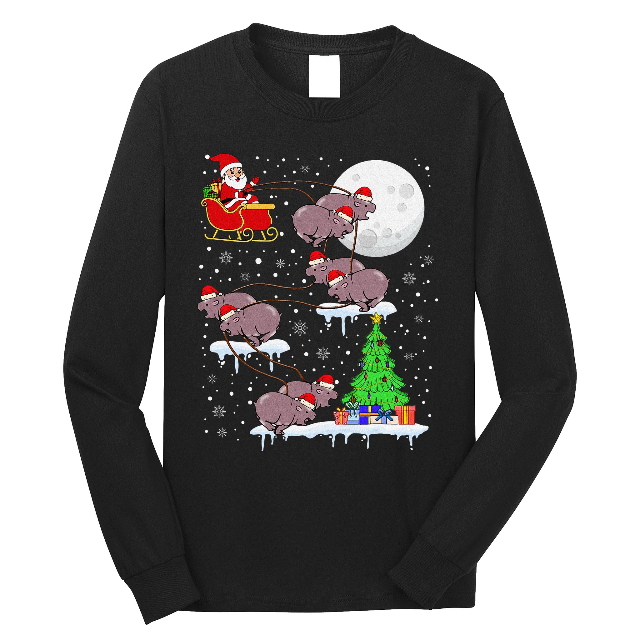 Xmas Lights Santa Riding Moo Deng Hippo Christmas Costume Long Sleeve Shirt