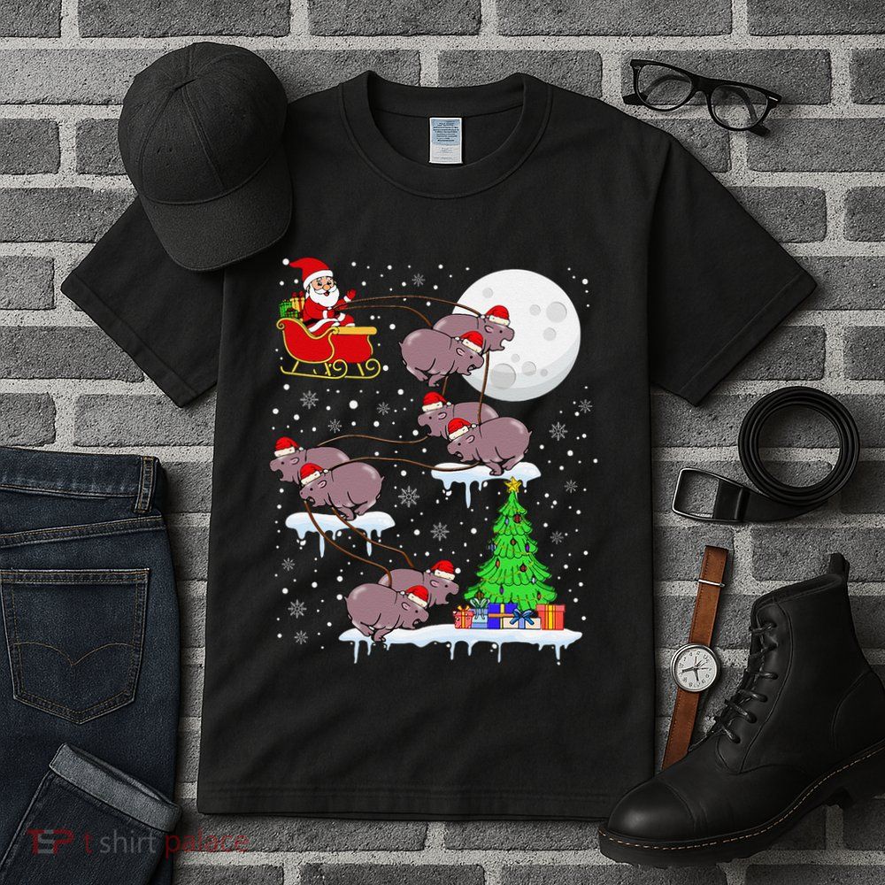 Xmas Lights Santa Riding Moo Deng Hippo Christmas Costume Tall T-Shirt