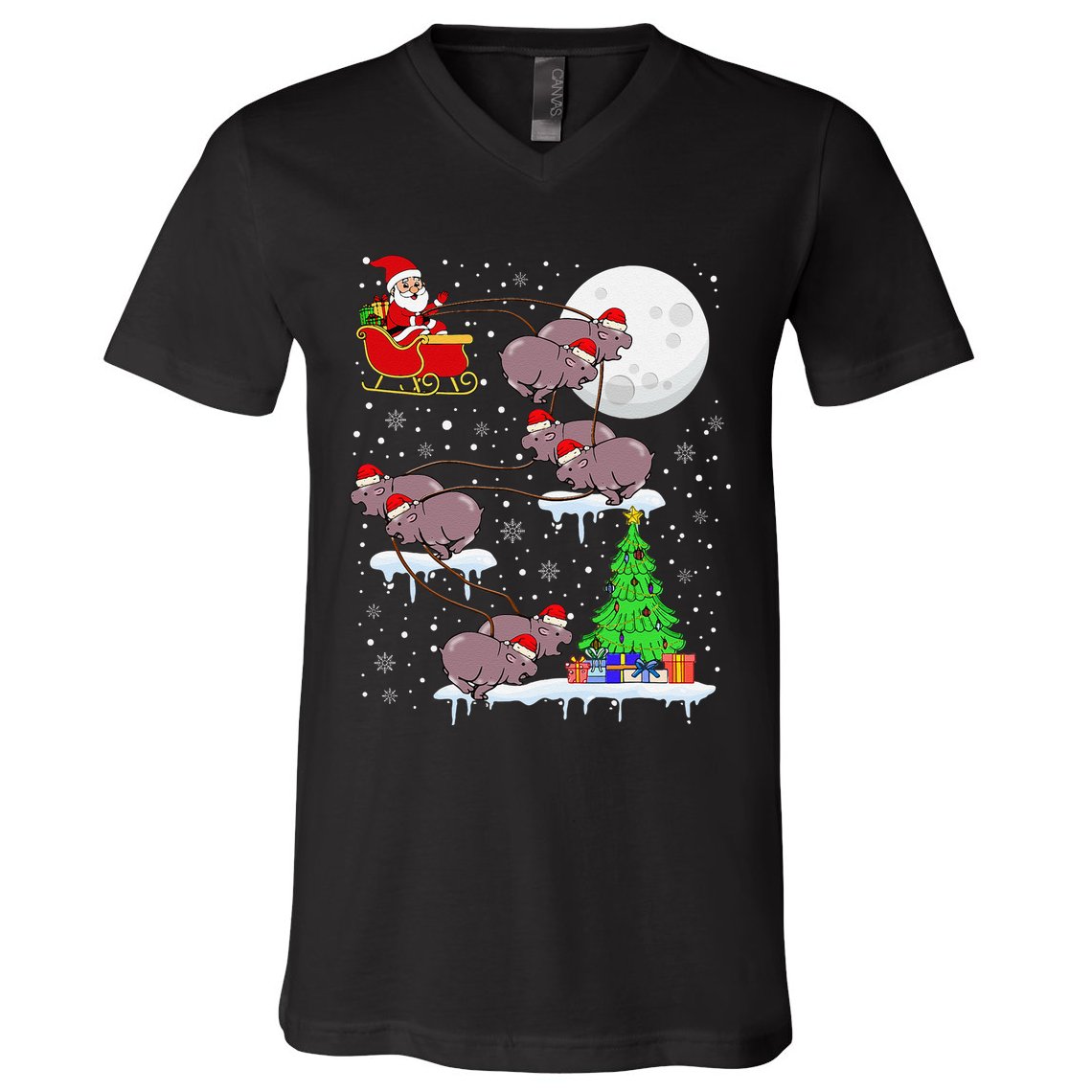 Xmas Lights Santa Riding Moo Deng Hippo Christmas Costume V-Neck T-Shirt