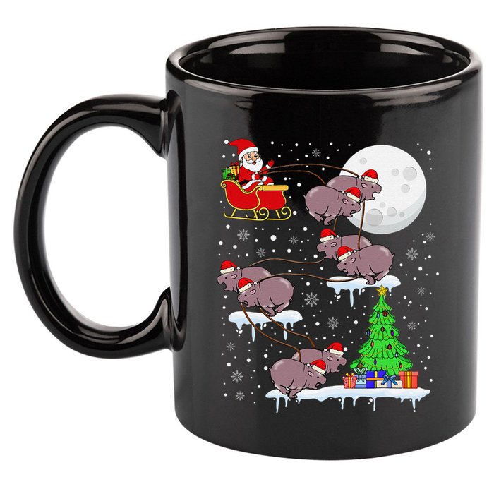 Xmas Lights Santa Riding Moo Deng Hippo Christmas Costume 11oz C Handle Ceramic Mug