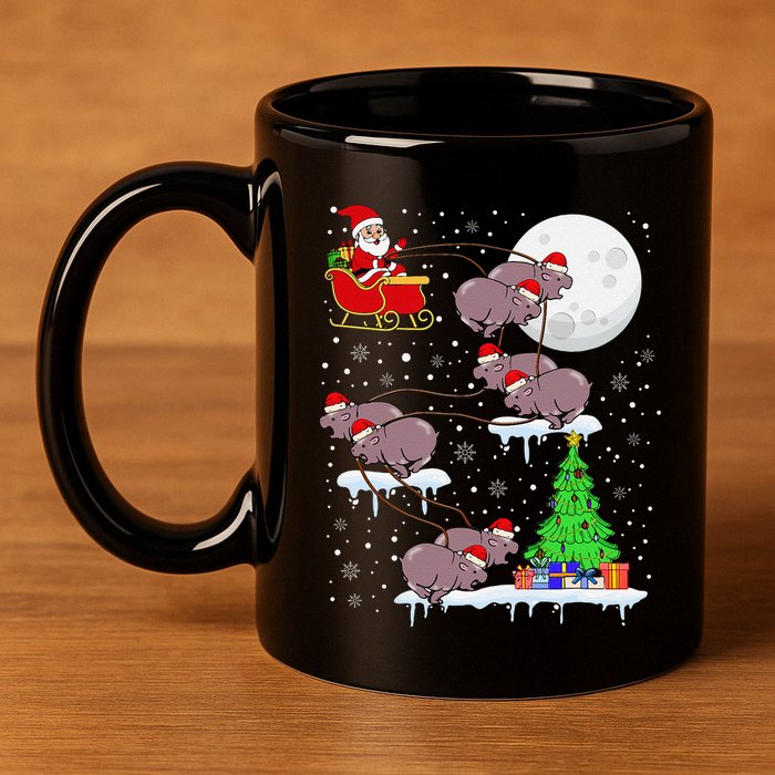 Xmas Lights Santa Riding Moo Deng Hippo Christmas Costume 11oz C Handle Ceramic Mug