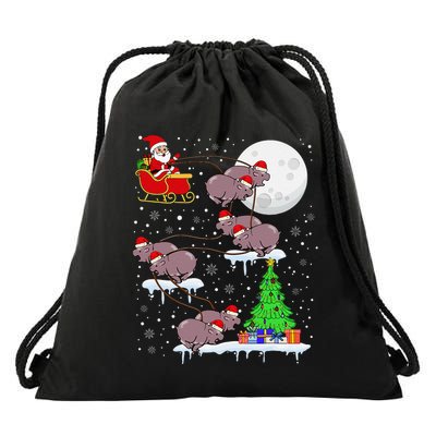 Xmas Lights Santa Riding Moo Deng Hippo Christmas Costume Drawstring Bag