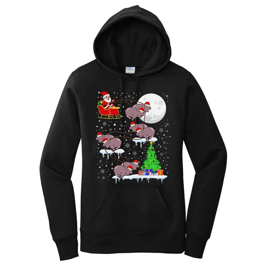 Xmas Lights Santa Riding Moo Deng Hippo Christmas Costume Women's Pullover Hoodie