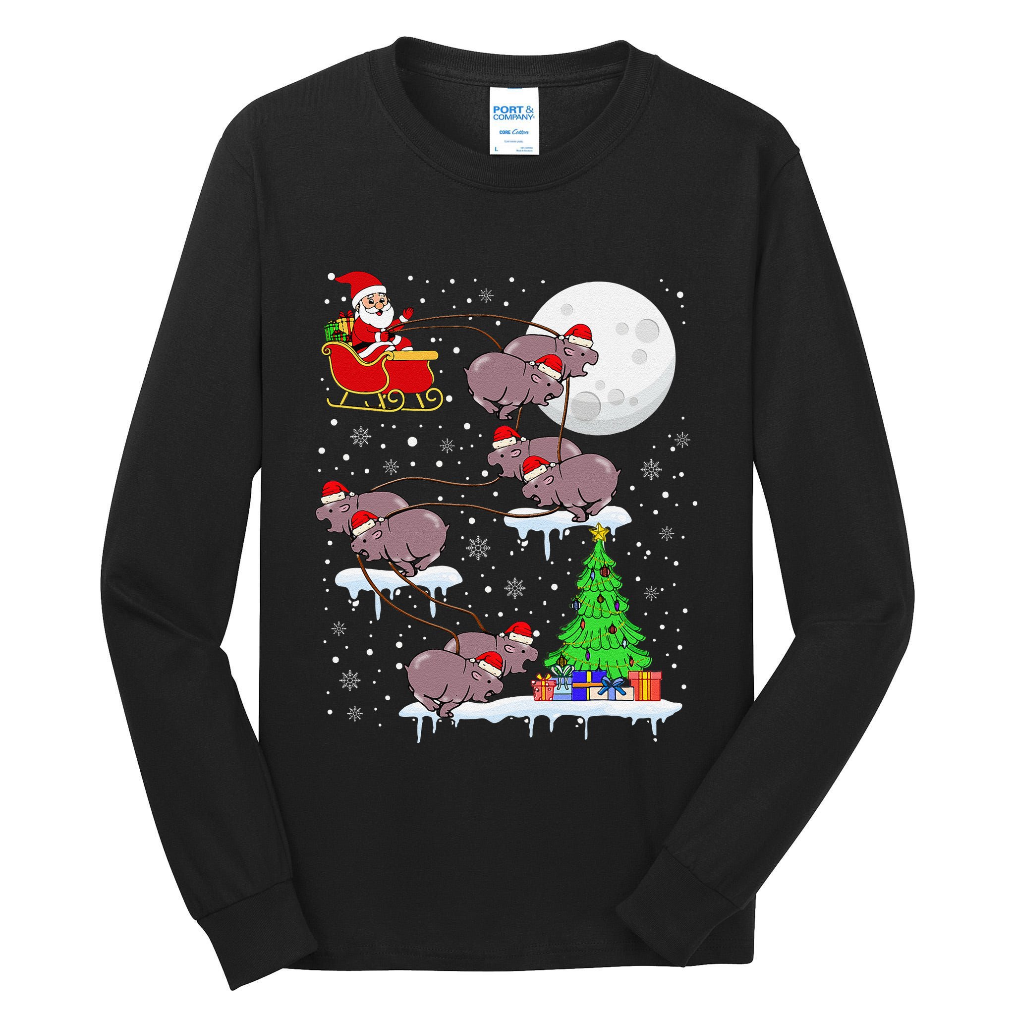 Xmas Lights Santa Riding Moo Deng Hippo Christmas Costume Tall Long Sleeve T-Shirt