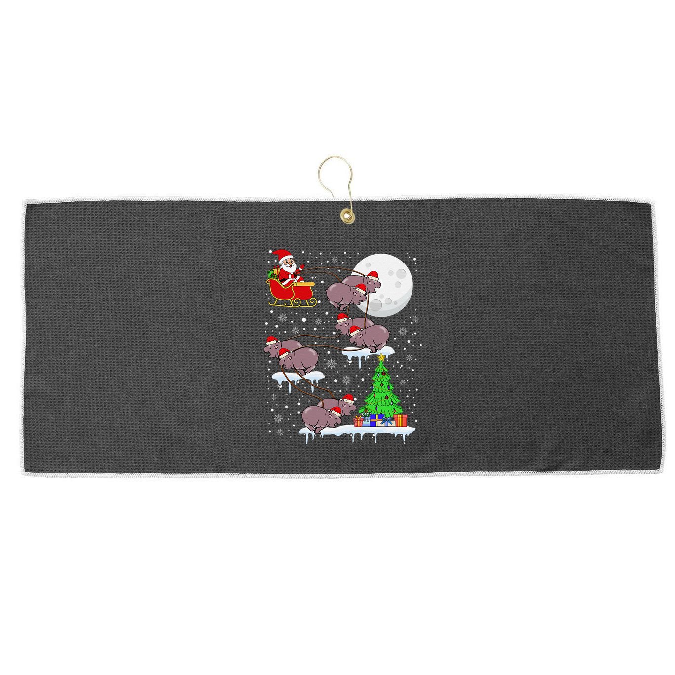 Xmas Lights Santa Riding Moo Deng Hippo Christmas Costume Large Microfiber Waffle Golf Towel