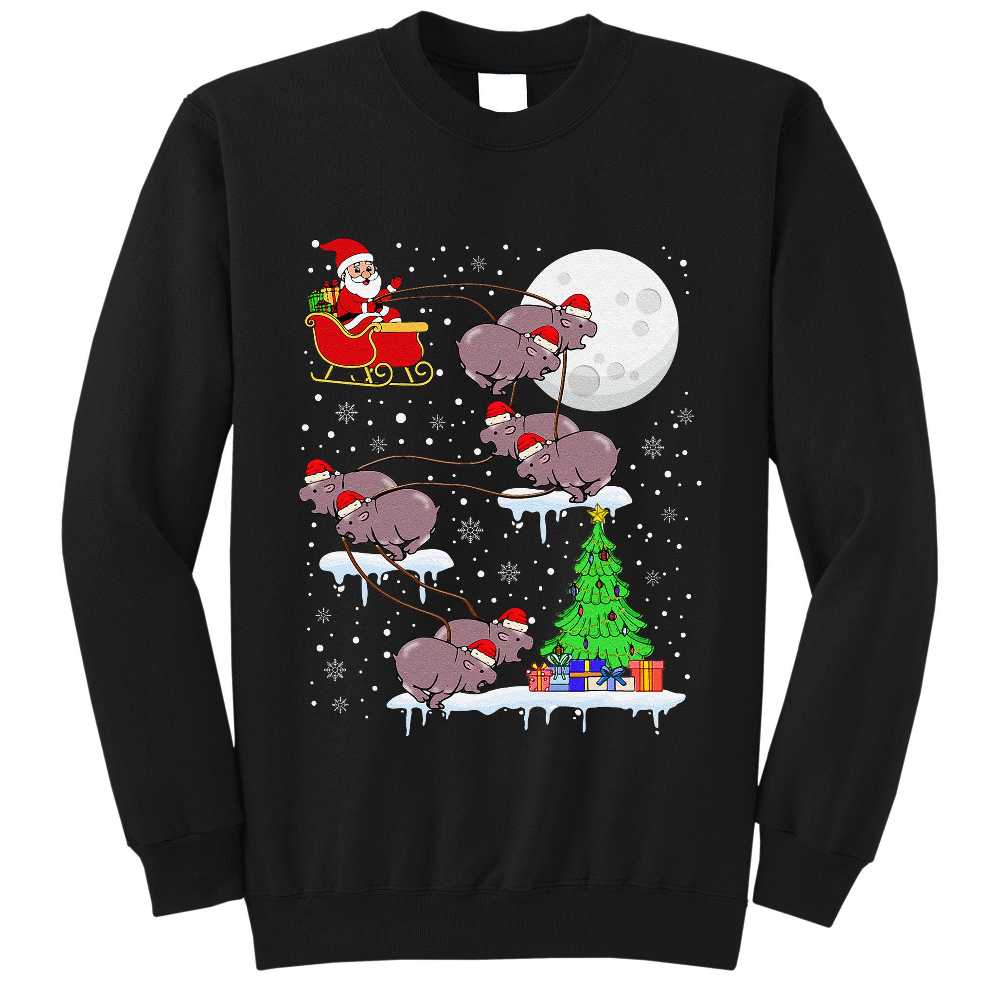 Xmas Lights Santa Riding Moo Deng Hippo Christmas Costume Tall Sweatshirt