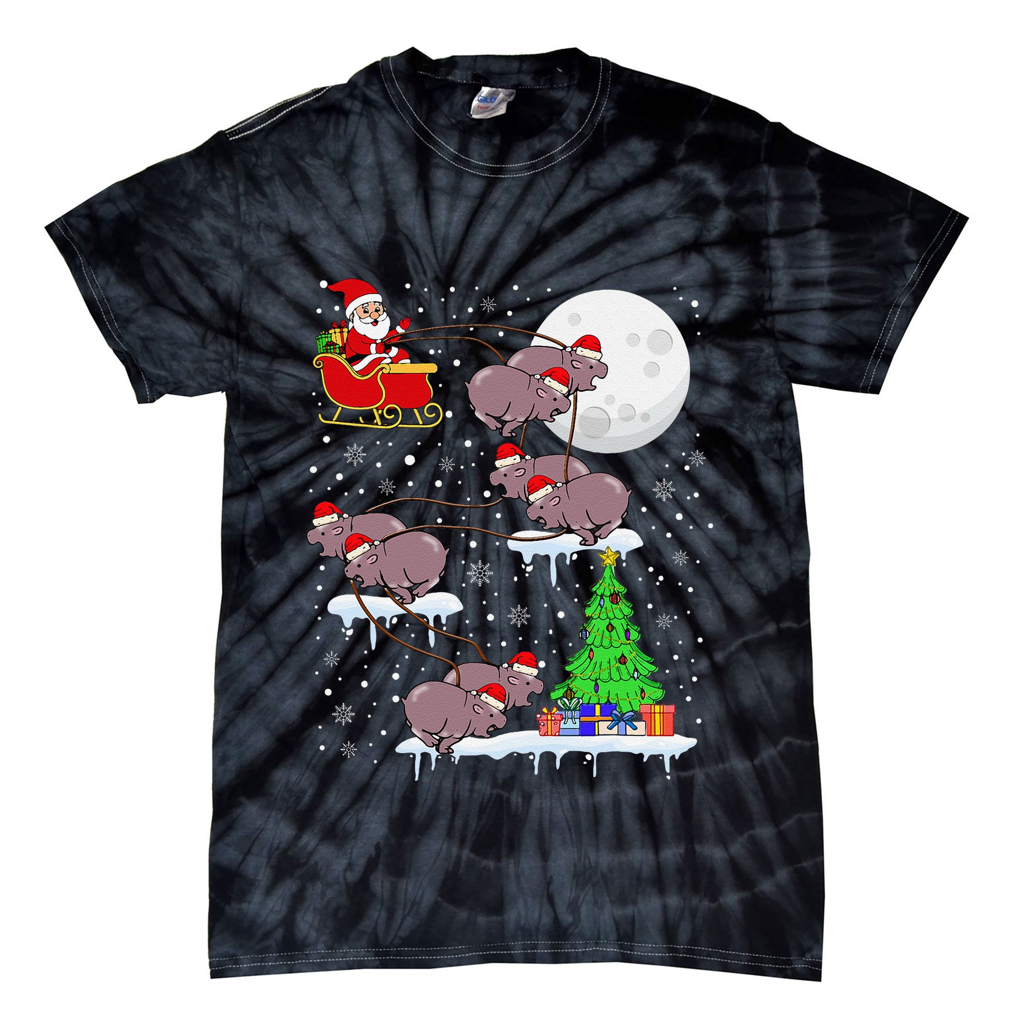 Xmas Lights Santa Riding Moo Deng Hippo Christmas Costume Tie-Dye T-Shirt