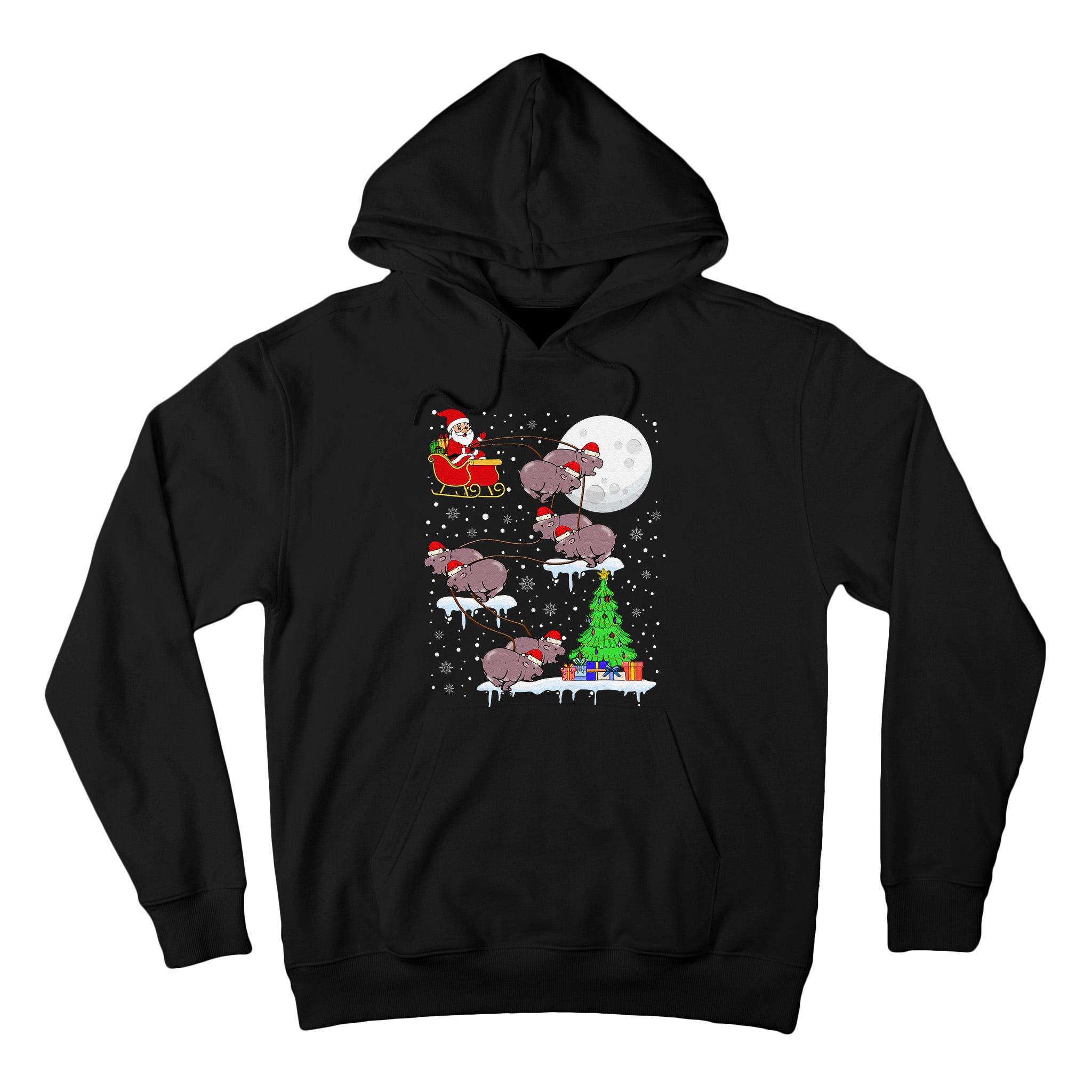 Xmas Lights Santa Riding Moo Deng Hippo Christmas Costume Tall Hoodie