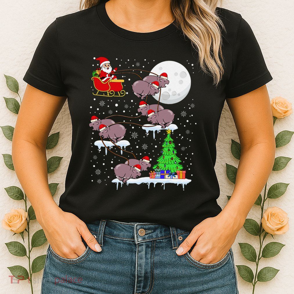 Xmas Lights Santa Riding Moo Deng Hippo Christmas Costume Womens T-Shirt