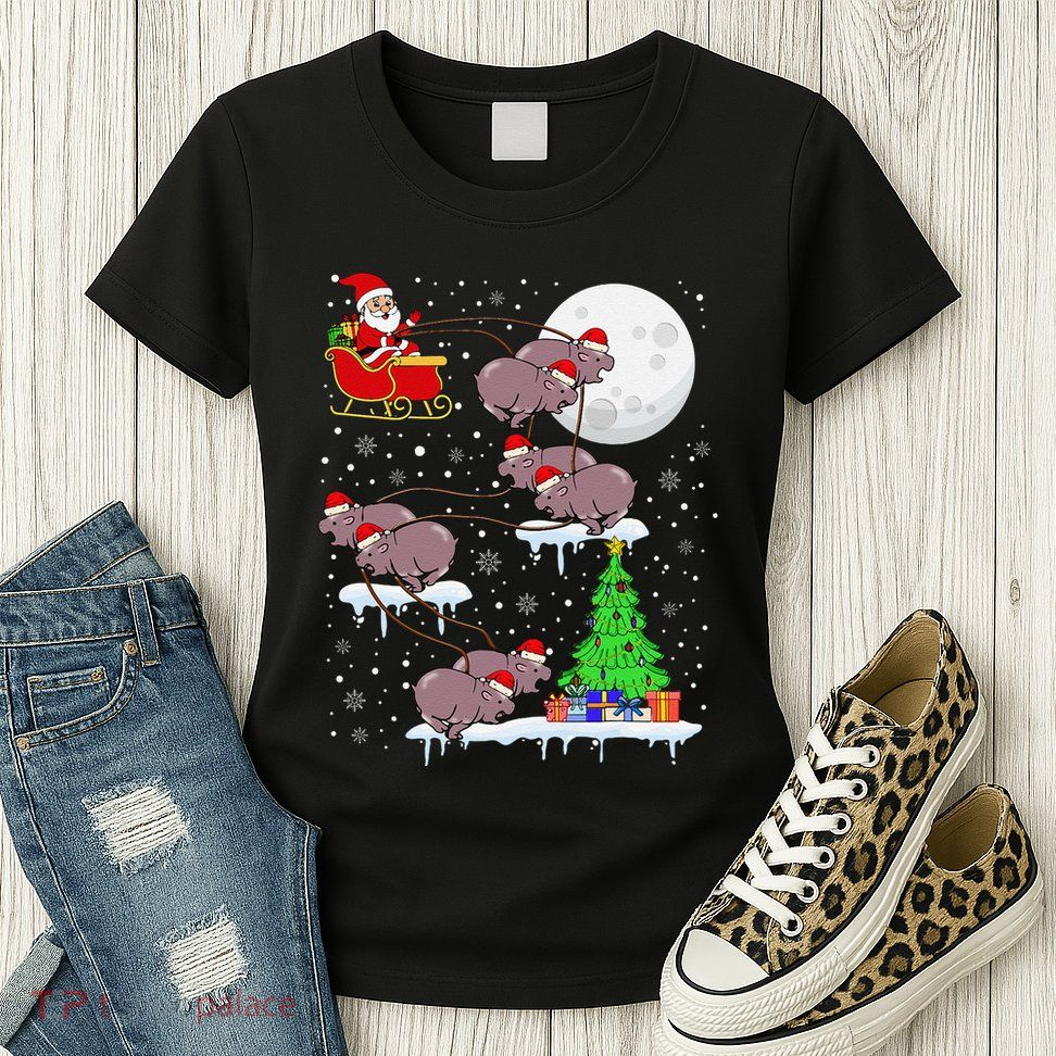 Xmas Lights Santa Riding Moo Deng Hippo Christmas Costume Womens T-Shirt