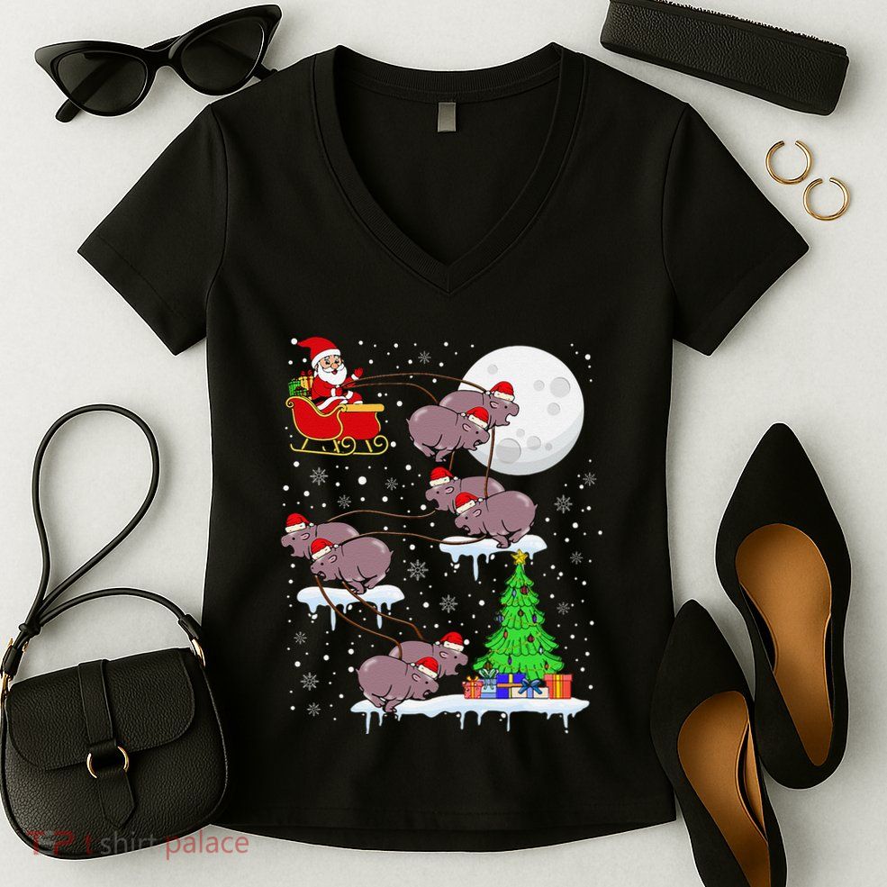 Xmas Lights Santa Riding Moo Deng Hippo Christmas Costume Women's V-Neck T-Shirt