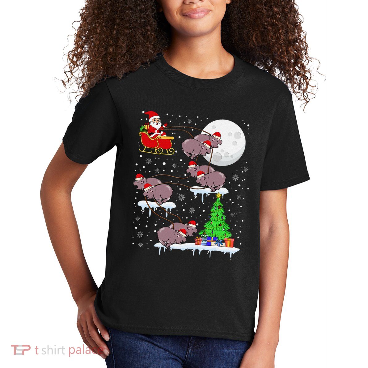 Xmas Lights Santa Riding Moo Deng Hippo Christmas Costume Kids T-Shirt