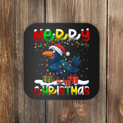 Xmas Lighting Santa Hat Crow Bird Merry Christmas Coaster