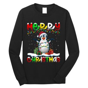 Xmas Lighting Santa Hat Emperor Penguin Merry Christmas Long Sleeve Shirt