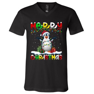 Xmas Lighting Santa Hat Emperor Penguin Merry Christmas V-Neck T-Shirt