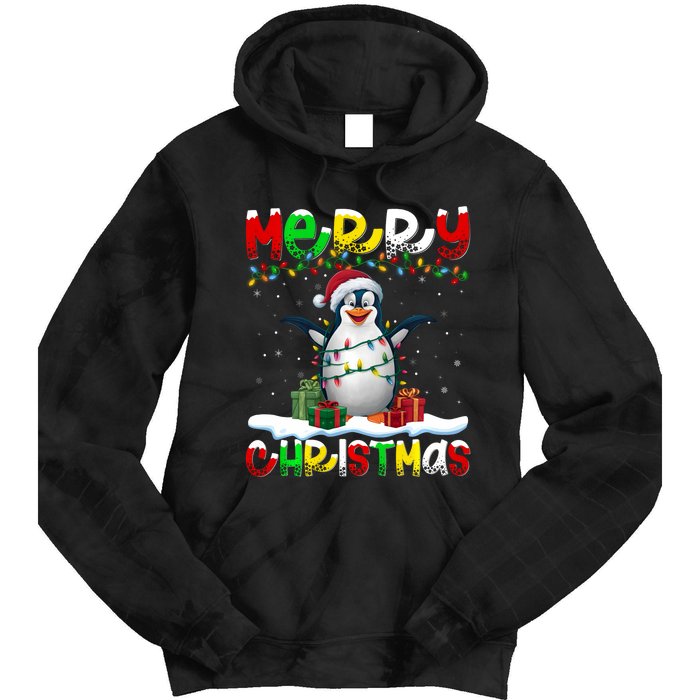 Xmas Lighting Santa Hat Emperor Penguin Merry Christmas Tie Dye Hoodie