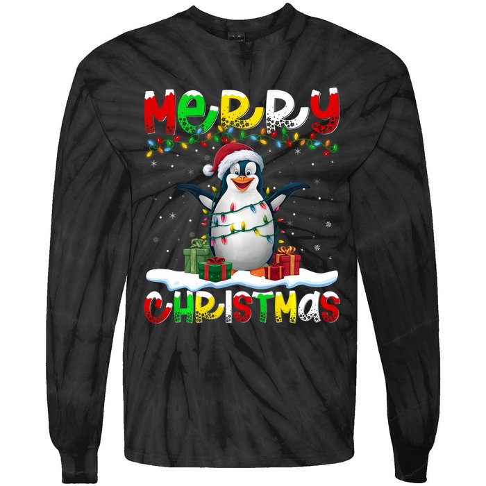 Xmas Lighting Santa Hat Emperor Penguin Merry Christmas Tie-Dye Long Sleeve Shirt