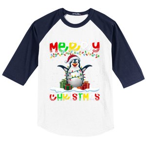 Xmas Lighting Santa Hat Emperor Penguin Merry Christmas Baseball Sleeve Shirt