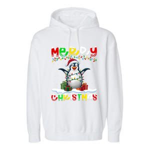 Xmas Lighting Santa Hat Emperor Penguin Merry Christmas Garment-Dyed Fleece Hoodie