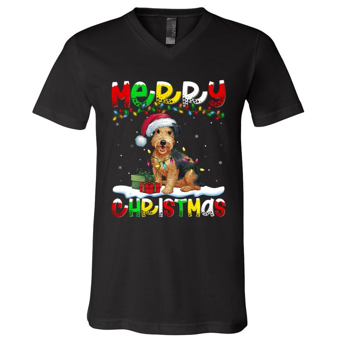 Xmas Lighting Santa Patterdale Terrier Dog Merry Christmas V-Neck T-Shirt