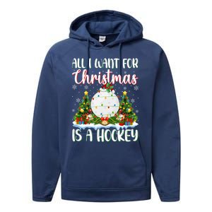 Xmas Lighting Santa All I Want For Christmas Is A Hockey Gift Performance Fleece Hoodie