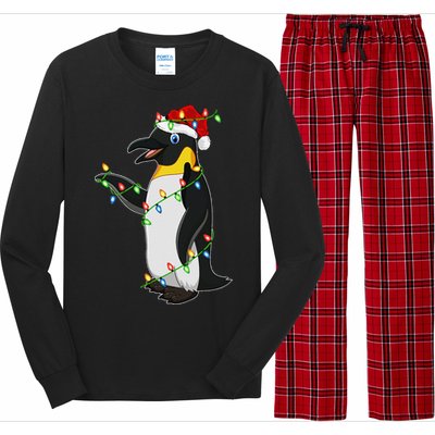 Xmas Lights Santa Hat Emperor Penguin Christmas Long Sleeve Pajama Set