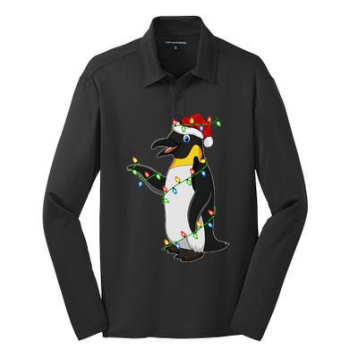 Xmas Lights Santa Hat Emperor Penguin Christmas Silk Touch Performance Long Sleeve Polo