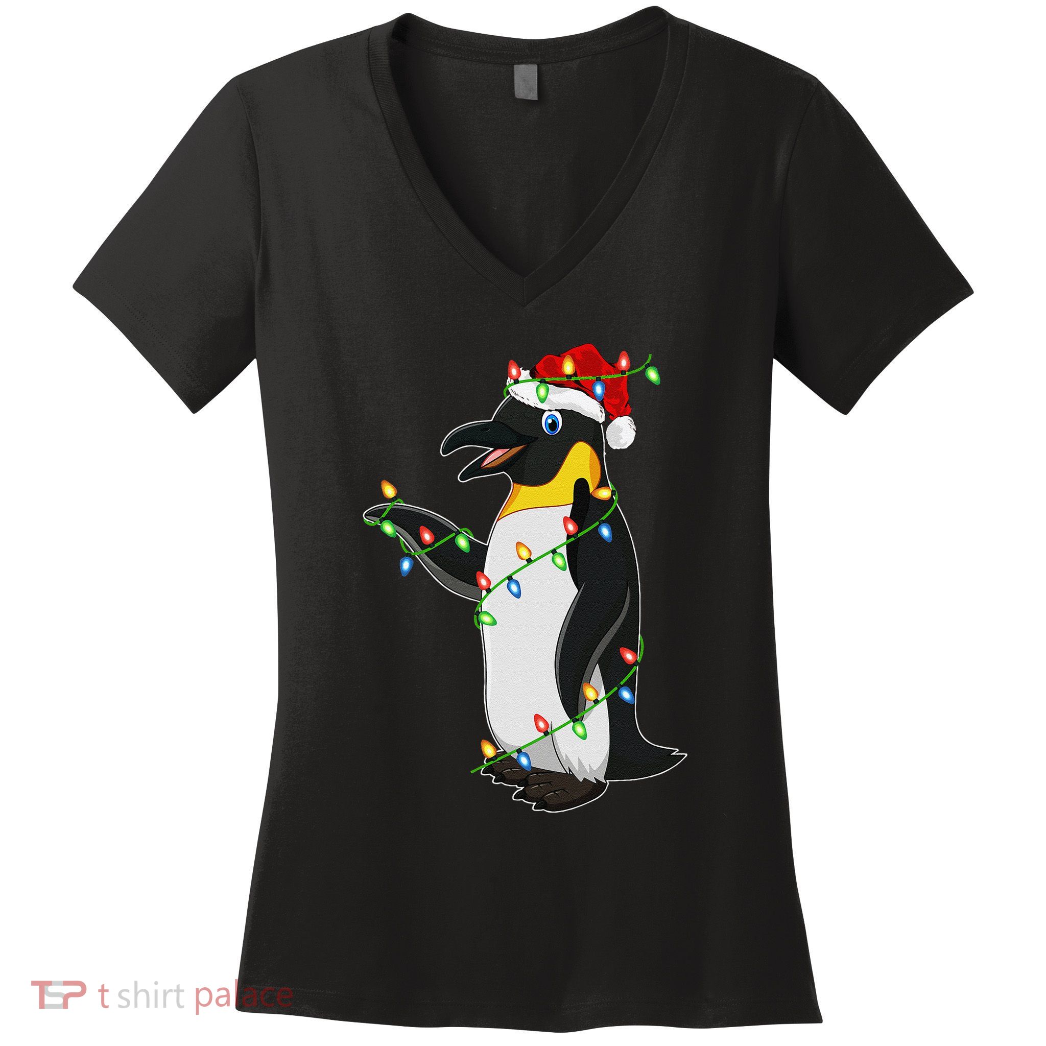 Xmas Lights Santa Hat Emperor Penguin Christmas Women's V-Neck T-Shirt