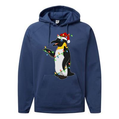 Xmas Lights Santa Hat Emperor Penguin Christmas Performance Fleece Hoodie