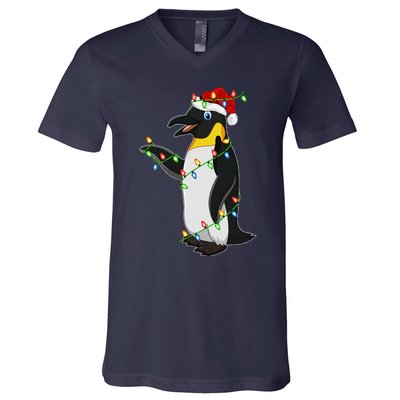 Xmas Lights Santa Hat Emperor Penguin Christmas V-Neck T-Shirt