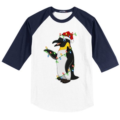 Xmas Lights Santa Hat Emperor Penguin Christmas Baseball Sleeve Shirt