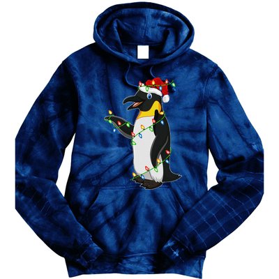 Xmas Lights Santa Hat Emperor Penguin Christmas Tie Dye Hoodie