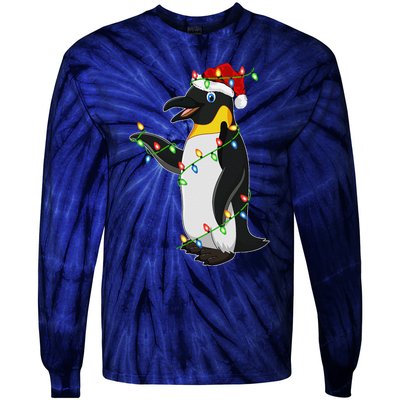 Xmas Lights Santa Hat Emperor Penguin Christmas Tie-Dye Long Sleeve Shirt