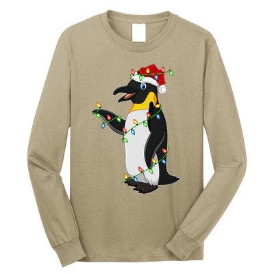 Xmas Lights Santa Hat Emperor Penguin Christmas Long Sleeve Shirt