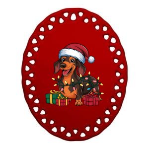 Xmas Lighting Santa Hat Dachshund Dog Christmas Gift Ceramic Oval Ornament