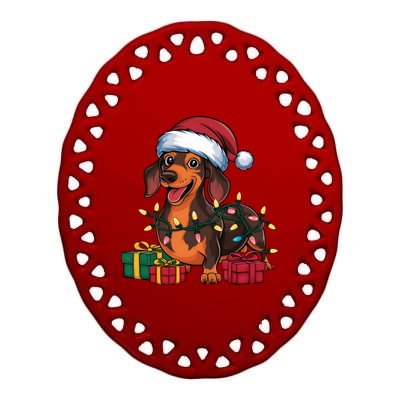 Xmas Lighting Santa Hat Dachshund Dog Christmas Gift Ceramic Oval Ornament