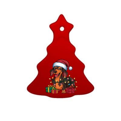 Xmas Lighting Santa Hat Dachshund Dog Christmas Gift Ceramic Tree Ornament